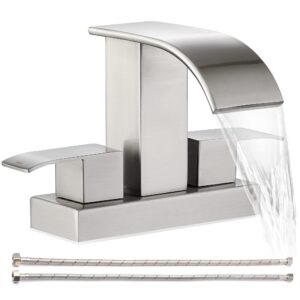 waterfall bathroom sink faucet - 2 handle 4 inch centerset faucet for lavatory bathroom sink, with cupc faucet supply line hoses for bathroom restroom vanity lavatory, brushed nickel