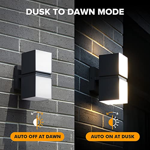 LUTEC Cuba Dusk to Dawn Outdoor Wall Lights, 3000K 1100LM LED Integrated Porch Wall Light Outdoor, IP54 Waterproof Aluminum Wall Sconce Exterior Light for Porch Patio Garage-Black