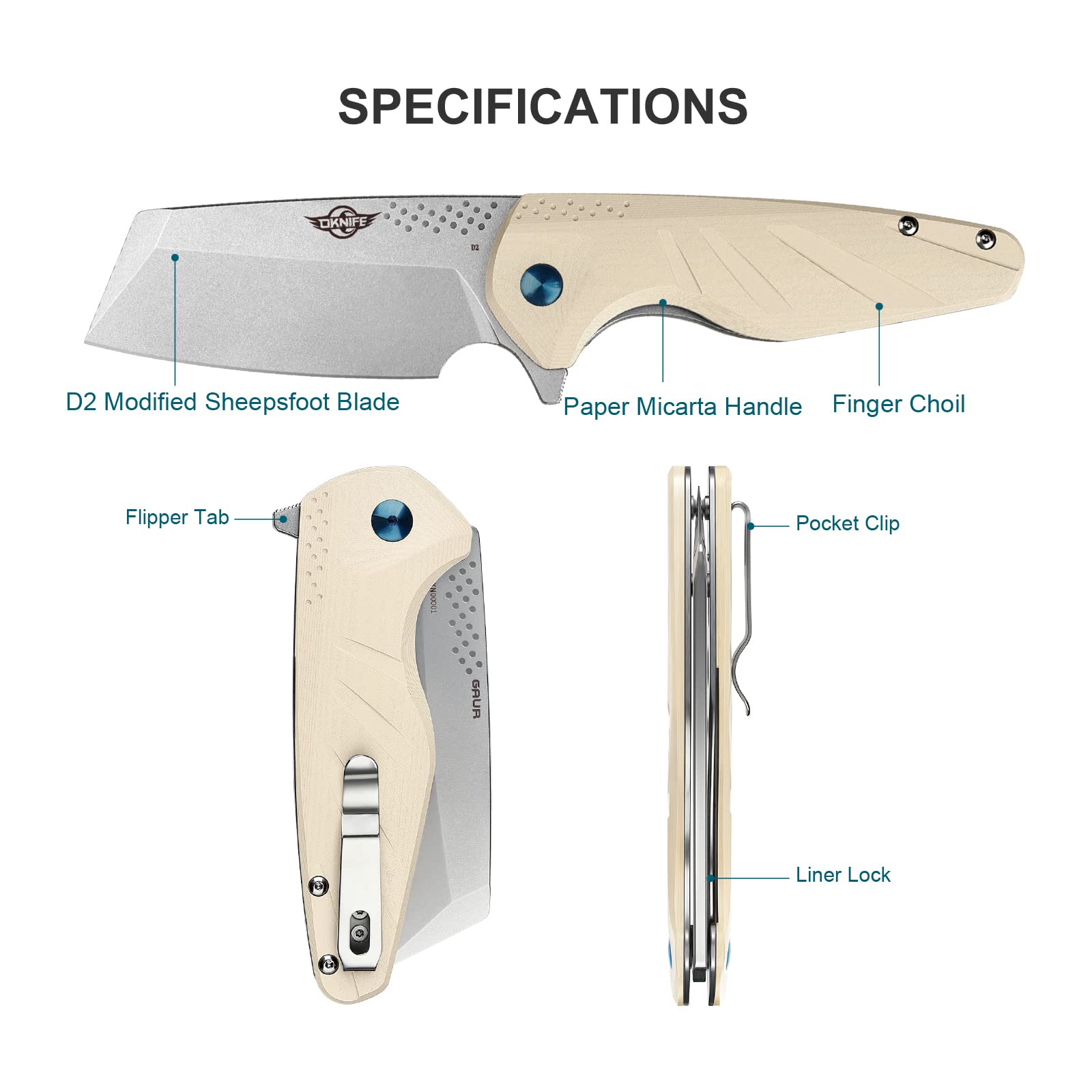OKNIFE Gaur Folding Pocket Knife with Deep Carry Pocket Clip for Men, EDC Camping Knife with Micarta Handle for Hunting, Hiking, Survival