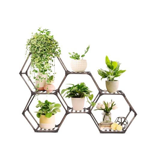 SUZAMI Hexagonal Plant Stand Indoor 7 Tiers Wood Plant Stands for Indoor Plants Multiple, Creative DIY Outdoor Plant Shelf, Large Potted Holder Flower Stand for Corner Window Living Room Patio Porch