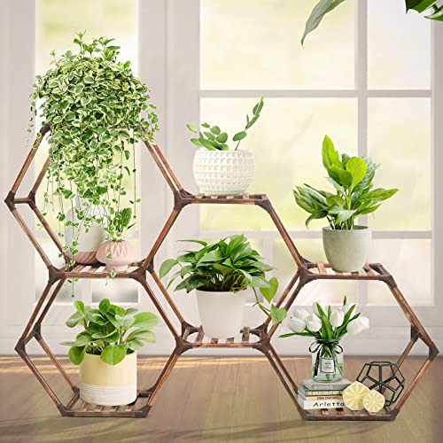 SUZAMI Hexagonal Plant Stand Indoor 7 Tiers Wood Plant Stands for Indoor Plants Multiple, Creative DIY Outdoor Plant Shelf, Large Potted Holder Flower Stand for Corner Window Living Room Patio Porch