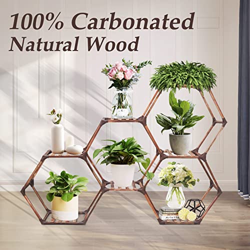 SUZAMI Hexagonal Plant Stand Indoor 7 Tiers Wood Plant Stands for Indoor Plants Multiple, Creative DIY Outdoor Plant Shelf, Large Potted Holder Flower Stand for Corner Window Living Room Patio Porch