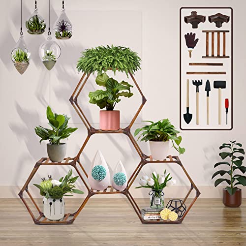 SUZAMI Hexagonal Plant Stand Indoor 7 Tiers Wood Plant Stands for Indoor Plants Multiple, Creative DIY Outdoor Plant Shelf, Large Potted Holder Flower Stand for Corner Window Living Room Patio Porch