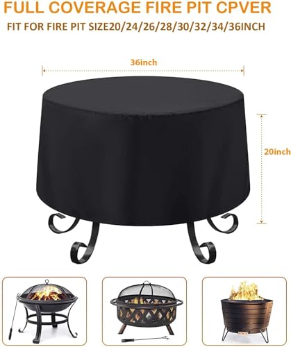 FEIERYA Fire Pit Cover Round for Fire Pit 22- 36 Inch, Waterproof Outdoor Fire Pit Cover, Full Coverage Patio Round Firepit Cover - Dustproof Anti UV and Tear Resistant