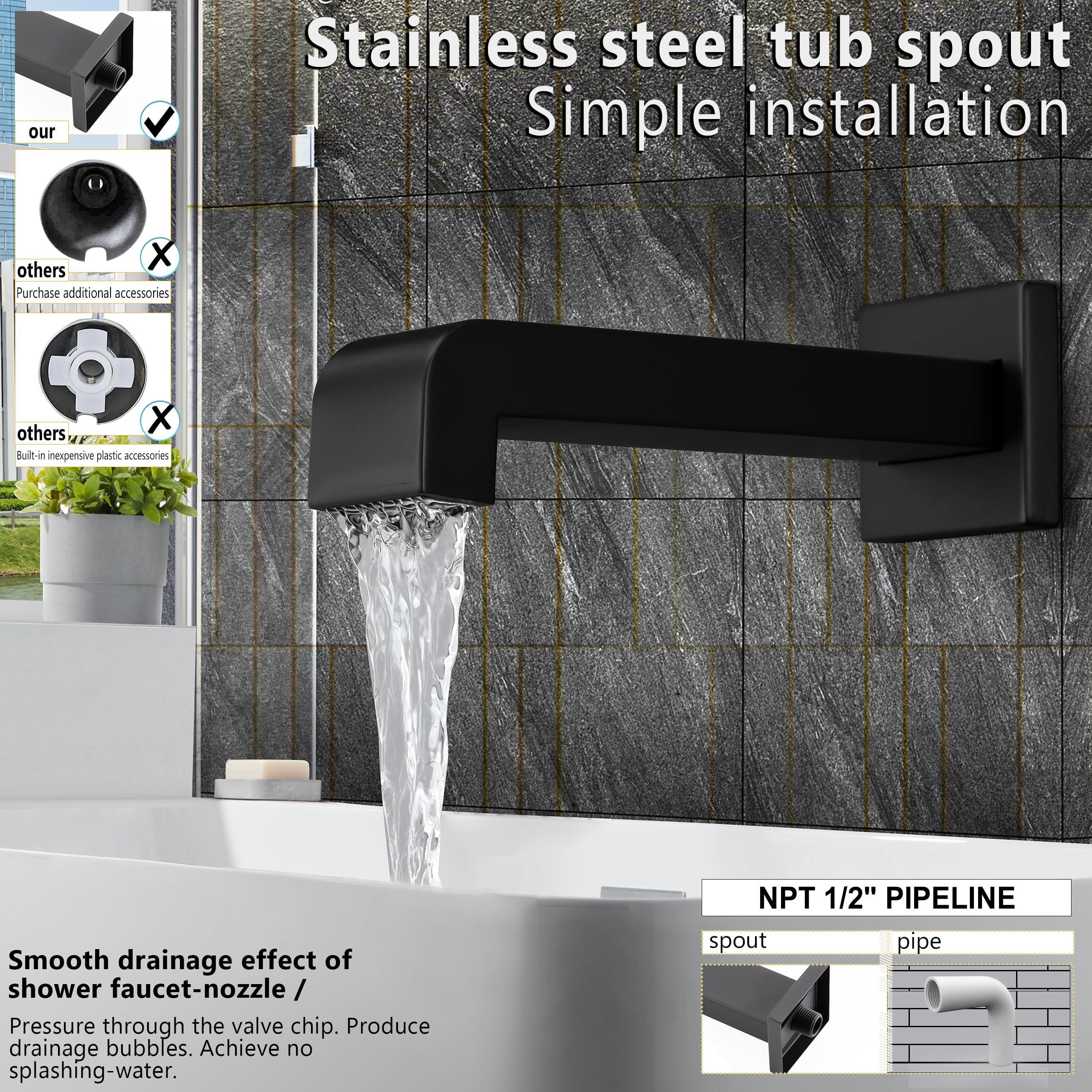 SOOOHOT Shower Fixtures, Black Shower Faucet Set with 6 Inch Matte Black Shower Head and Tub Spout, Black Shower Head and Handle Set (Valve Included)