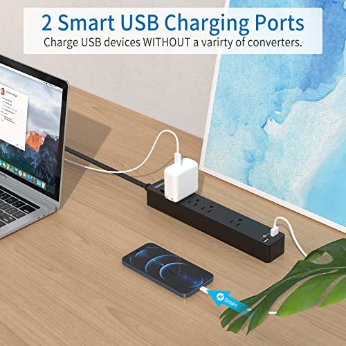 10ft Thin Flat Extension Cord Bundle, NTONPOWER 3 Outlets 2 USB Power Strip with 10ft Power Cord, 4 Outlets 2 USB Power Strip with 10 ft Extension Cord, Flat Plug, Mount for Home Office, Black