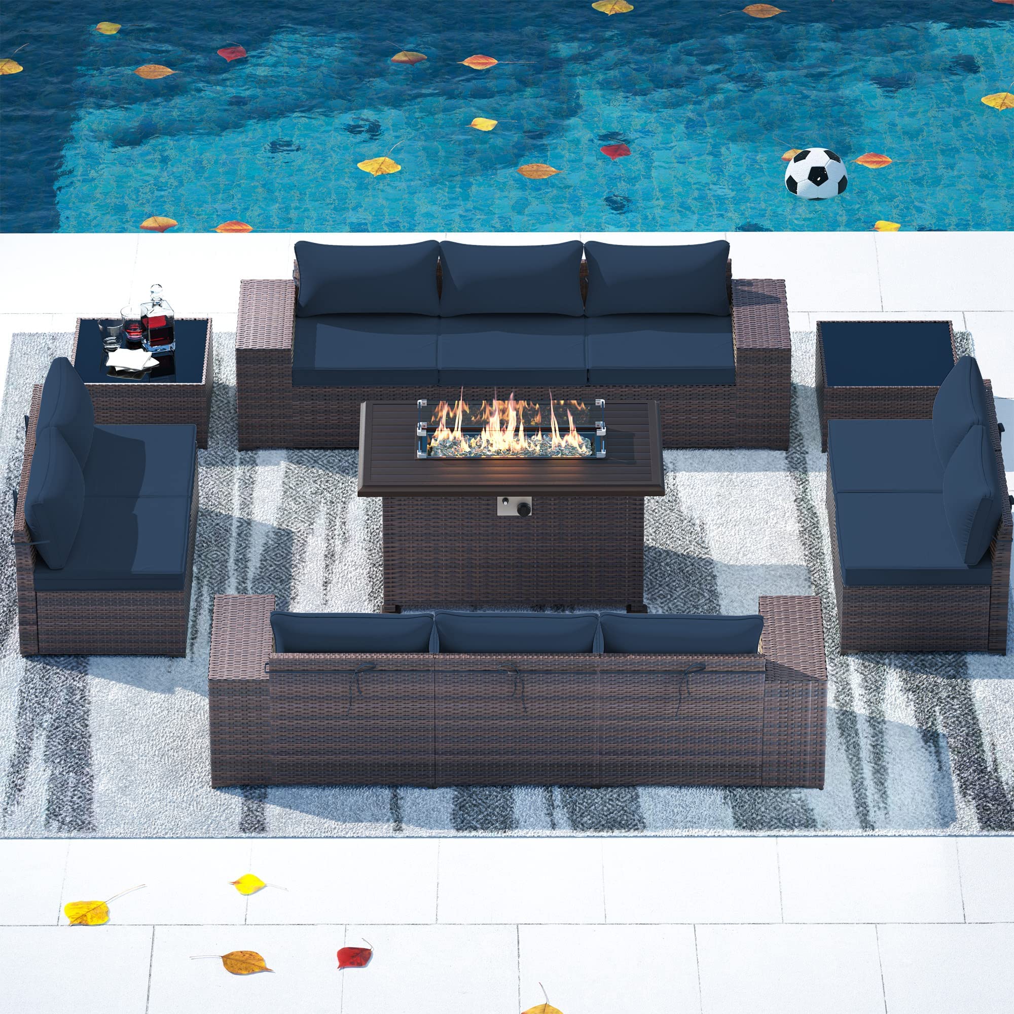 Gotland 13 Piece Large Outdoor Furniture Set, 10 Seater Wicker Patio Furniture Set, All Weather Rattan Wicker Patio Conversation Set with 55000BTU Gas Fire Pit Table