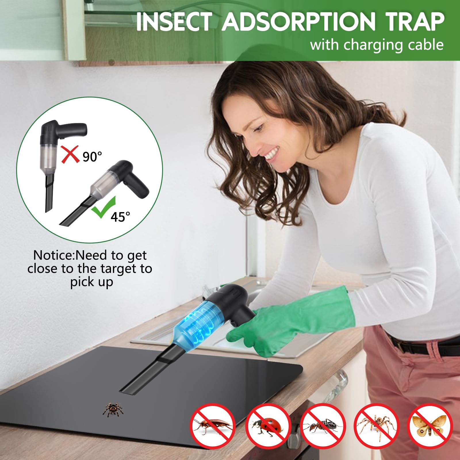 Vacuum Bug Catcher Spider and Inspect Traps Catcher with USB Rechargeable Battery Bug Pest Control, Inspections and Handheld Bug Catcher with Brush Head Fluke for Stink Bug, Beer, Pest Suction Trap