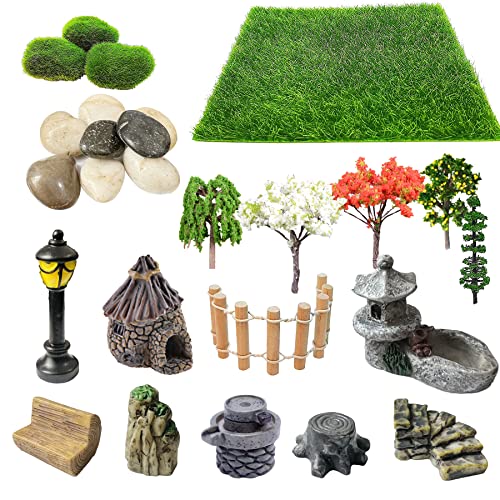 Cayway 26 PCS Outdoor Fairy Garden Miniatures Mini Zen Garden Accessories, Artificial Garden Grass, Model Trees, Terrarium Ornaments, Dollhouse Supplies, Bonsai Decorative Craft Tools Kit