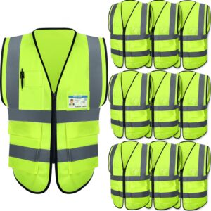 10 pack safety vest with pockets and zipper high visibility reflective safety vest for women men work, construction, cycling, running