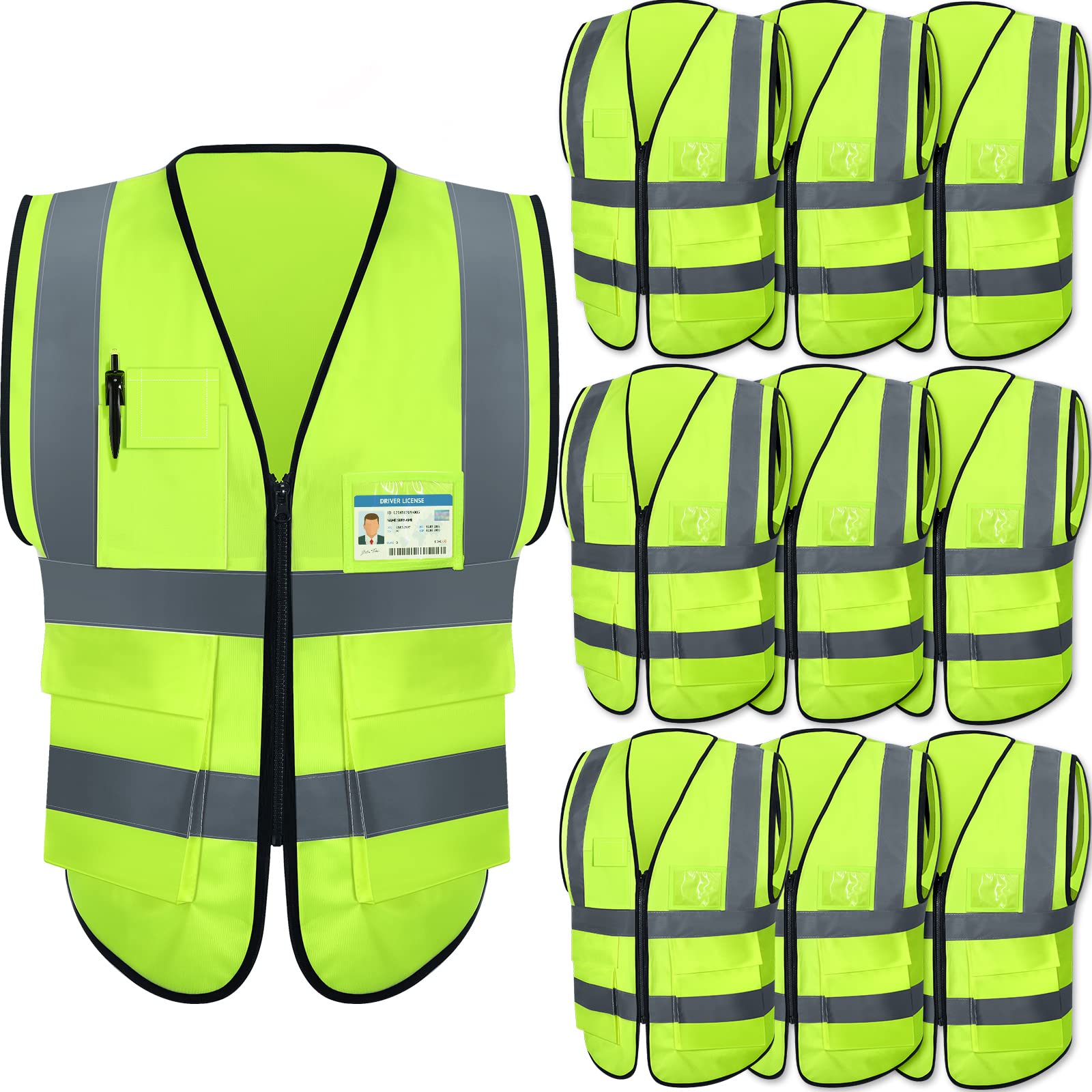 10 Pack Safety Vest with Pockets and Zipper High Visibility Reflective Safety Vest for Women Men Work, Construction, Cycling, Running