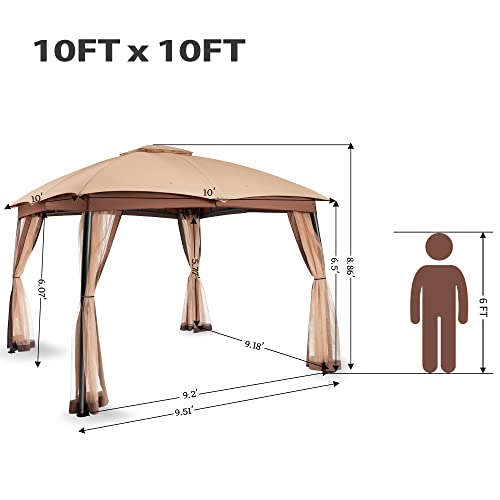 FAB BASED 10x10 Gazebo for Patio, Double Vent Canopy Gazebo with Privacy Netting Screen, Outdoor Heavy Duty Steel Waterproof and Portable Gazebo for Deck Backyard Lawn and Garden (Khaki)