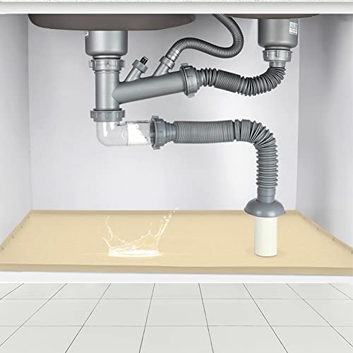 Under Sink Mat for Kitchen Cabinet - 34 x 22 Inch Rubber Mat Waterproof, Drip Tray Sink Pan Non Slip Mat Leak Protector, Bathroom Sink Liner Large Silicon Mat, Storage Organizer Water Mat (Beige)