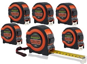 greendale - 6 pack of 25 ft tape measures / measuring tapes - inches & centimeters - tough outer shell - thumb and quick lock - autowind - belt clip