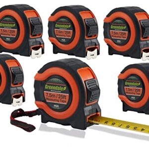 Greendale - 6 Pack of 25 ft Tape Measures / Measuring Tapes - Inches & Centimeters - Tough Outer Shell - Thumb and Quick Lock - Autowind - Belt Clip