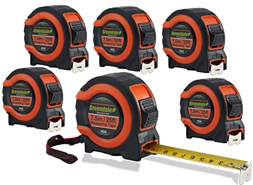 Greendale - 6 Pack of 25 ft Tape Measures / Measuring Tapes - Inches & Centimeters - Tough Outer Shell - Thumb and Quick Lock - Autowind - Belt Clip