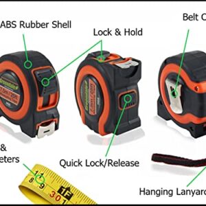 Greendale - 6 Pack of 25 ft Tape Measures / Measuring Tapes - Inches & Centimeters - Tough Outer Shell - Thumb and Quick Lock - Autowind - Belt Clip