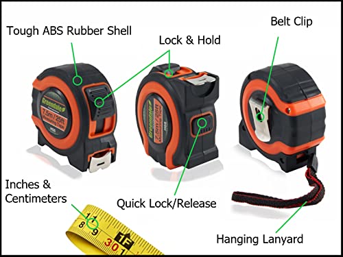 Greendale - 6 Pack of 25 ft Tape Measures / Measuring Tapes - Inches & Centimeters - Tough Outer Shell - Thumb and Quick Lock - Autowind - Belt Clip
