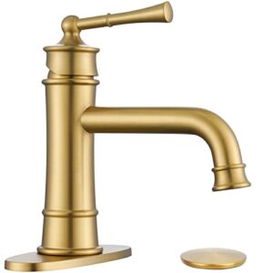 hangoro bathroom faucet, brush gold single handle faucets for bathroom sink, solid valve & pop up drain, touch on bathroom faucets for vanity, lavatory, bathroom or sink(l2301-bg)