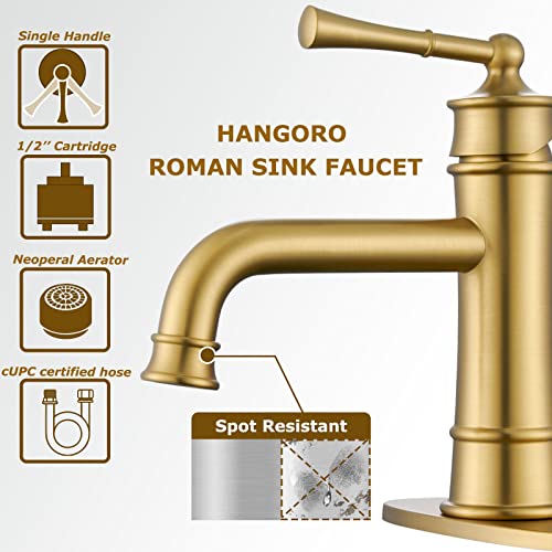 Hangoro Bathroom Faucet, Brush Gold Single Handle Faucets for Bathroom Sink, Solid Valve & Pop Up Drain, Touch On Bathroom Faucets for Vanity, Lavatory, Bathroom or Sink(L2301-BG)