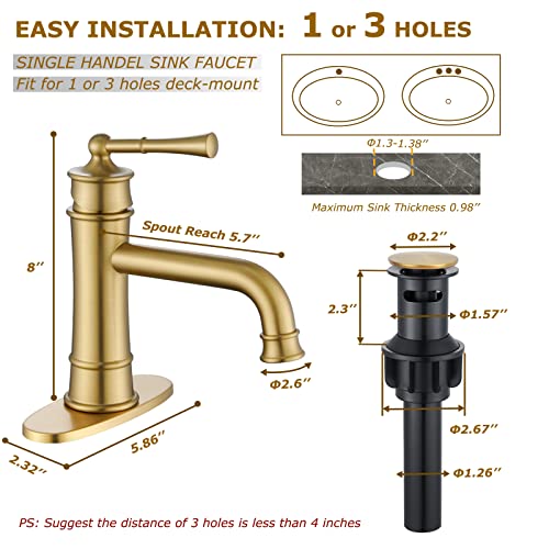 Hangoro Bathroom Faucet, Brush Gold Single Handle Faucets for Bathroom Sink, Solid Valve & Pop Up Drain, Touch On Bathroom Faucets for Vanity, Lavatory, Bathroom or Sink(L2301-BG)