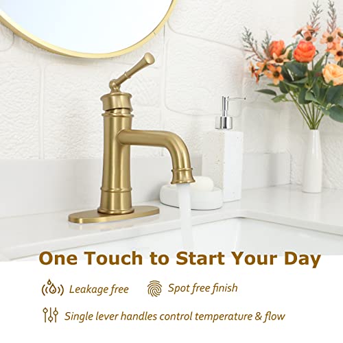 Hangoro Bathroom Faucet, Brush Gold Single Handle Faucets for Bathroom Sink, Solid Valve & Pop Up Drain, Touch On Bathroom Faucets for Vanity, Lavatory, Bathroom or Sink(L2301-BG)