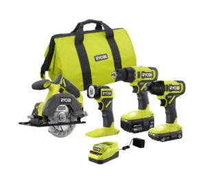 one+ 18v cordless 4-tool combo kit with 1.5 ah battery, 4.0 ah battery, and charger