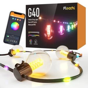 flacchi 50ft rgbw smart string lights outdoor with rope fairy, bluetooth app & remote control, color changing dimmable g40 patio lights for balcony, backyard, party, bistro, holidays