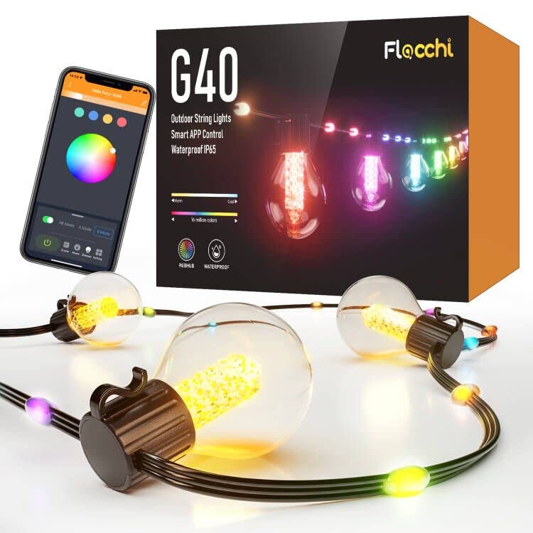 Flacchi 50Ft RGBw Smart String Lights Outdoor with Rope Fairy, Bluetooth APP & Remote Control, Color Changing Dimmable G40 Patio Lights for Balcony, Backyard, Party, Bistro, Holidays