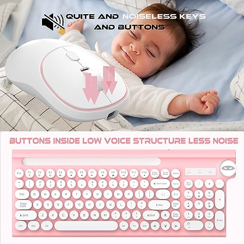 Typewriter Style Wireless Keyboard and Mouse Combo, Mute Keyboard with 2.4G 104-Key Retro Round Keycap Keyboard Ergonomic Design and Wterproof Keyboard with Round Mouse, White & Pink