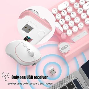 Typewriter Style Wireless Keyboard and Mouse Combo, Mute Keyboard with 2.4G 104-Key Retro Round Keycap Keyboard Ergonomic Design and Wterproof Keyboard with Round Mouse, White & Pink