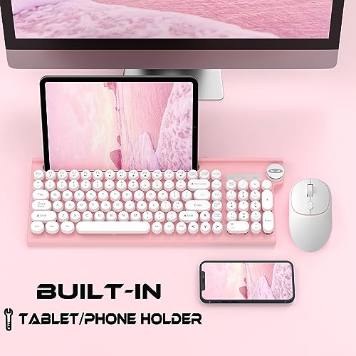 Typewriter Style Wireless Keyboard and Mouse Combo, Mute Keyboard with 2.4G 104-Key Retro Round Keycap Keyboard Ergonomic Design and Wterproof Keyboard with Round Mouse, White & Pink