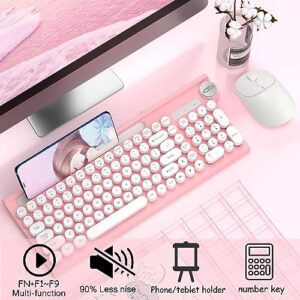 Typewriter Style Wireless Keyboard and Mouse Combo, Mute Keyboard with 2.4G 104-Key Retro Round Keycap Keyboard Ergonomic Design and Wterproof Keyboard with Round Mouse, White & Pink