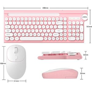 Typewriter Style Wireless Keyboard and Mouse Combo, Mute Keyboard with 2.4G 104-Key Retro Round Keycap Keyboard Ergonomic Design and Wterproof Keyboard with Round Mouse, White & Pink