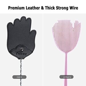 Trieez 17.5" Sturdy Leather Fly Swatter - Heavy Duty Flyswatter with Durable Metal Handle, Funny Hand Shaped