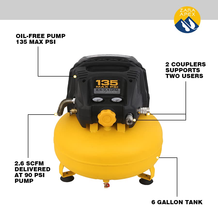 ZaraApex Pancake Portable Electric Oil Free Air Compressor with two couplers, 6 Gallon, 135 PSI