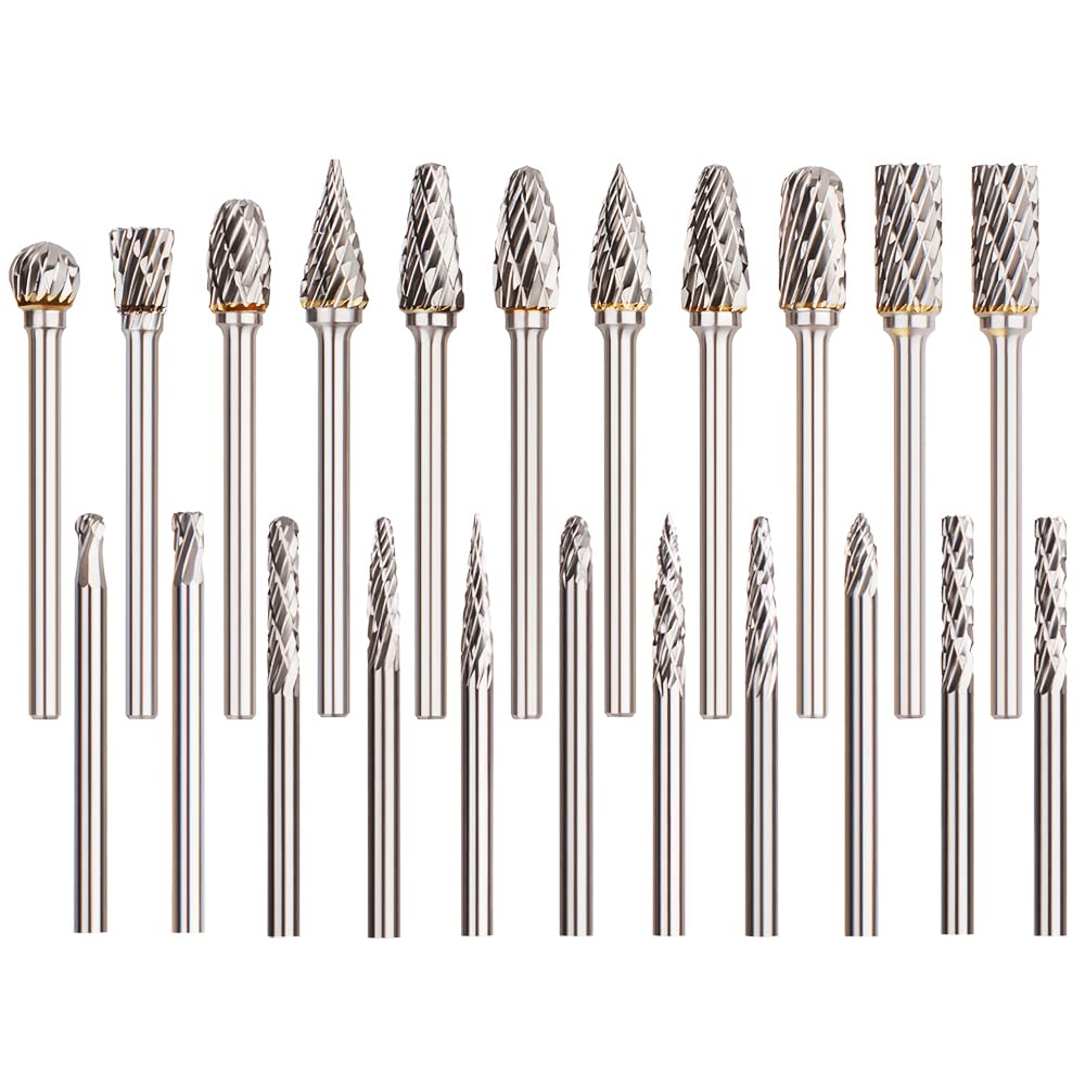 22 PCS Carbide Burr Set, AFUNTA 1/8" 1/4" Double Cut Tungsten Steel Carbide Rotary Burr Set Shank Rotary Grinder Burr Bits for Engraving, Wood Working, Polishing, Drilling