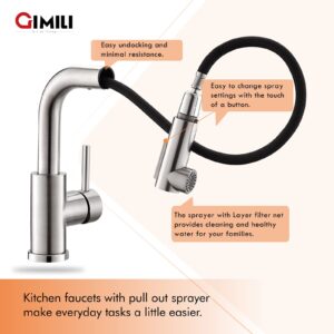 GIMILI Modern Bar Sink Faucet for Kitchen Sink Single Handle with Pull Out Sprayer Hot and Cold Prep Sink Faucet Brushed Nickel