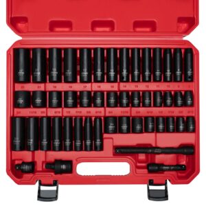 amm 3/8" drive impact socket set, 48-piece standard sae (5/16 to 3/4 inch) and metric (8-22mm) size, 3" and 6" drive extension bar, impact universal joint, 3/8" to 1/2" impact adaptor, cr-v