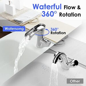 Bathroom Faucet, WaterSong Waterfall Bathroom Sink Faucet, 360° Rotatable Head, Single Handle Bathroom Faucet Cold/Hot, Faucets for 1 Hole Sink, Bath RV Vanity Sink Faucet, 100% Lead-Free