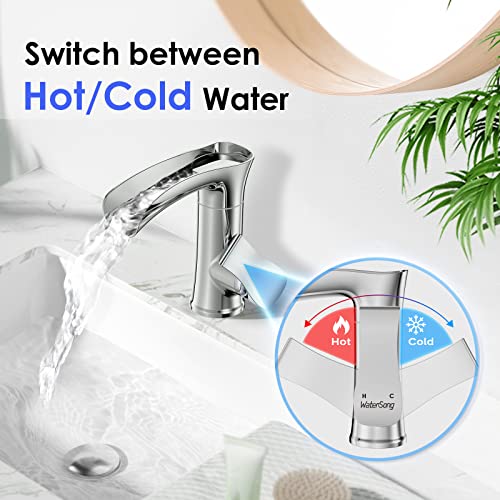 Bathroom Faucet, WaterSong Waterfall Bathroom Sink Faucet, 360° Rotatable Head, Single Handle Bathroom Faucet Cold/Hot, Faucets for 1 Hole Sink, Bath RV Vanity Sink Faucet, 100% Lead-Free