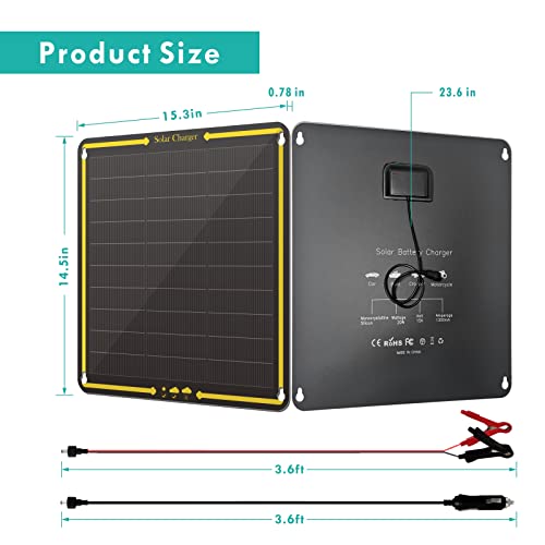 12V 20W Solar Battery Charger, Solar Trickle Charger for Car Battery, Solar Car Battery Maintainer with Built-in MPPT Charge Controller for Car, Boat, Camper, Alligator Clip, Cigarette Lighter Plug