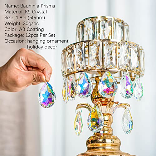 12 Pieces 50mm Crystal Prisms Chandelier Colorful Bauhinia Ornament Pendants Rainbow Maker Hanging Prisms for Wedding Party Tree Garlands Decoration DIY Jewelry