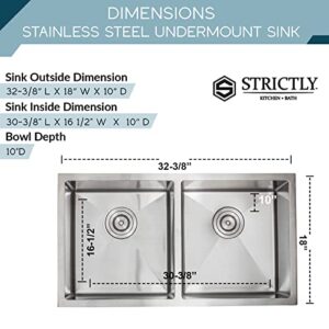 Strictly Sinks 32 Inch Double Bowl Kitchen Sink - Undermount Kitchen Sink Tight Radius 50/50 Double Bowl with Sound Dampening Rubber Pads, 2 Strainer Drains Only