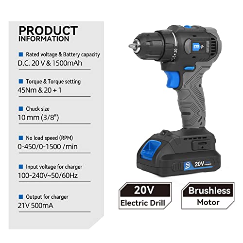 Cordless Drill Set, 20V Electric Power Brushless Drill with 3/8” Keyless Chuck, Battery and Charger, 20+1 Torque Setting, 400In-lbs, 0-1500RPM 2 Variable Speed, 5pcs Drill Bits