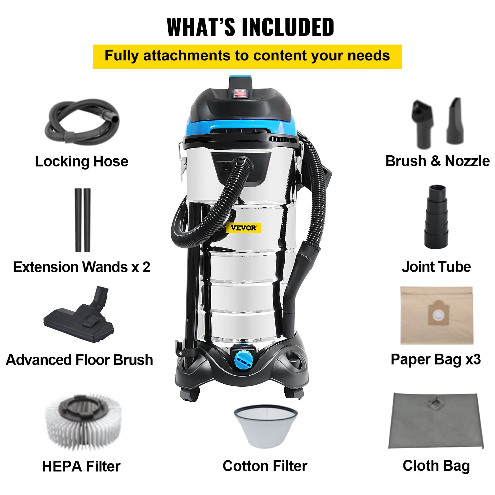 VEVOR Extractor Collector, 11 Gallon Capacity, HEPA Filtration System Automatic Dust Shaking, 1200W Powerful Motor Wet & Dry Vacuum Cleaner, 11 GAL, Silver