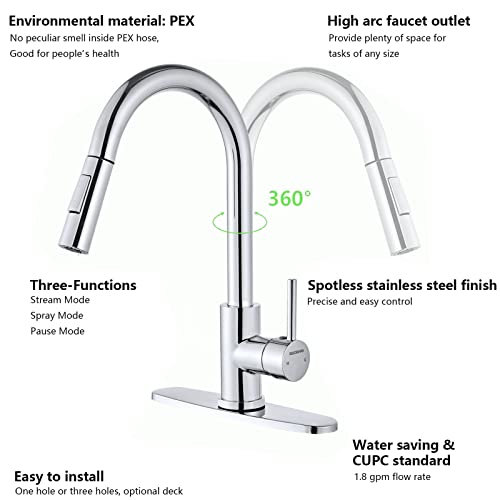 KSUCBOHAR Kitchen Faucets with Pull Down Sprayer，Single Handle High Arc Kitchen Sink Pull Out Faucet with Deck Plate，Commercial Modern Stainless Steel rv Kitchen Faucet，Glossy