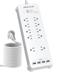 jackyled surge protector power strip with 4 fast charge usb ports, 1875w/15a, 2100 joules, 10 ac widely outlets, 5ft flat plug heavy duty extension cord for home, office, dorm room, etl listed, white