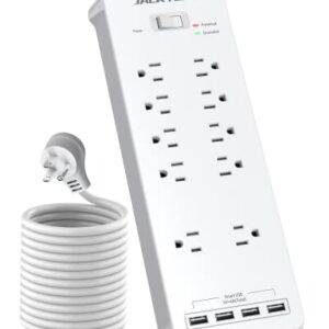 JACKYLED Surge Protector Power Strip with 4 Fast Charge USB Ports, 1875W/15A, 2100 Joules, 10 AC Widely Outlets, 5Ft Flat Plug Heavy Duty Extension Cord for Home, Office, Dorm Room, ETL Listed, White