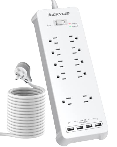 JACKYLED Surge Protector Power Strip with 4 Fast Charge USB Ports, 1875W/15A, 2100 Joules, 10 AC Widely Outlets, 5Ft Flat Plug Heavy Duty Extension Cord for Home, Office, Dorm Room, ETL Listed, White